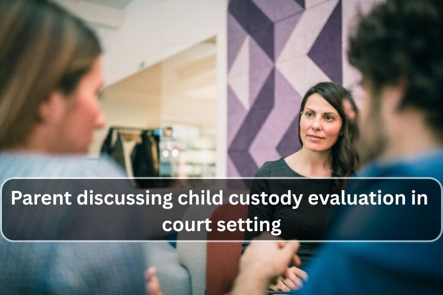 Parent discussing child custody evaluation in court setting